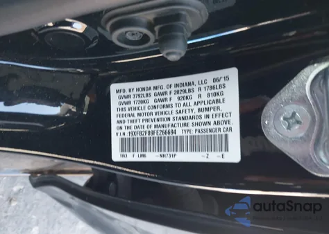 2015 Honda Civic Ex из США, поврежденный, VIN 19XFB2F89FE266694